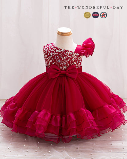 Luxury One-Shoulder Sequin Embroidered Bow Tiered Ruffle Tulle Princess Dress