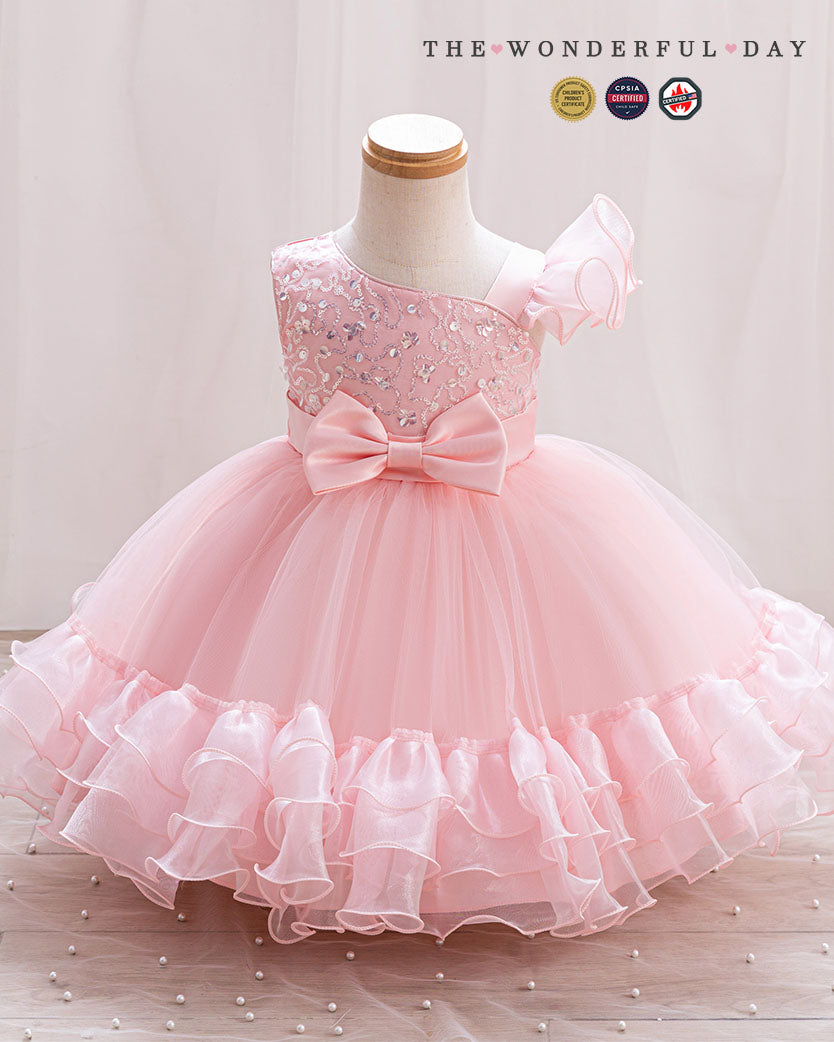 Luxury One-Shoulder Sequin Embroidered Bow Tiered Ruffle Tulle Princess Dress