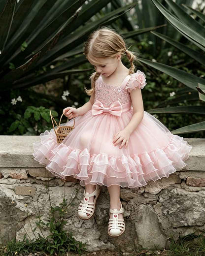 Luxury One-Shoulder Sequin Embroidered Bow Tiered Ruffle Tulle Princess Dress