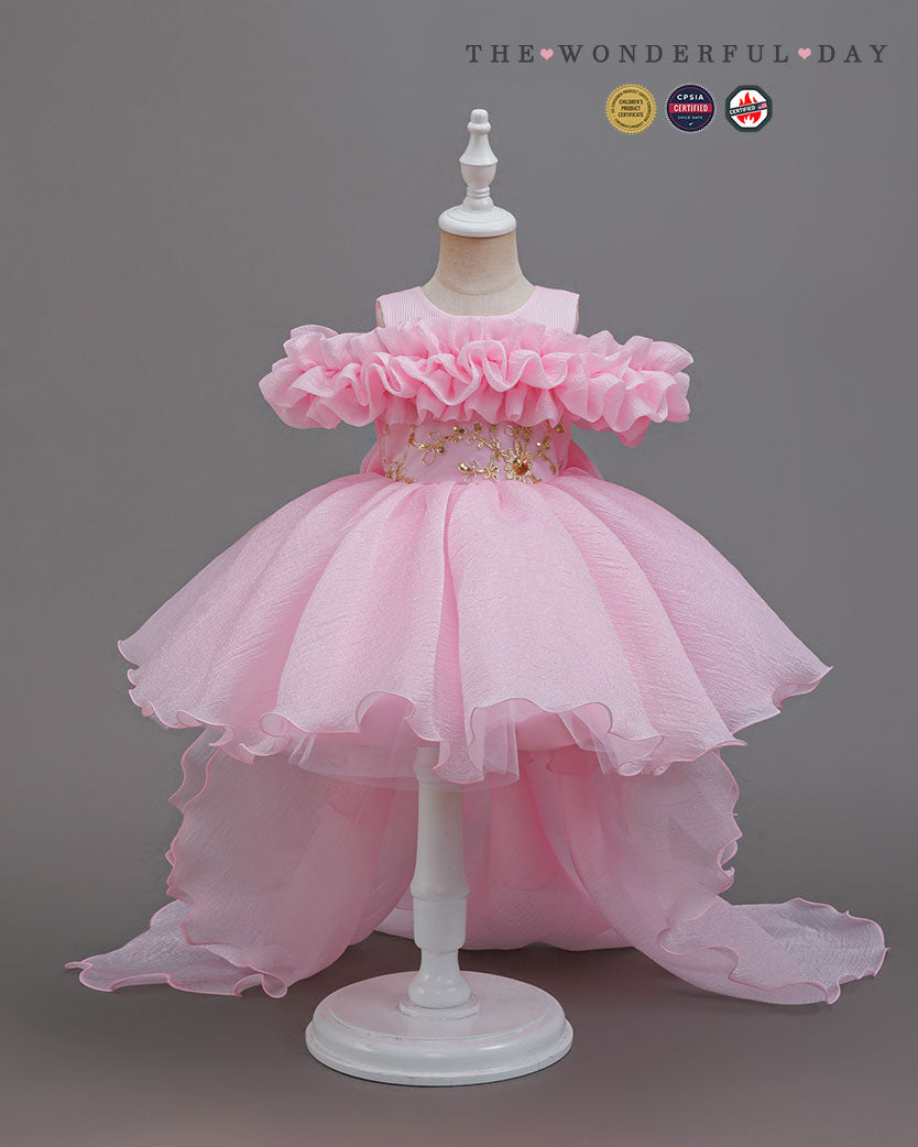 Organza Ruffle Pageant Dress with Back Bow and Flowing Train