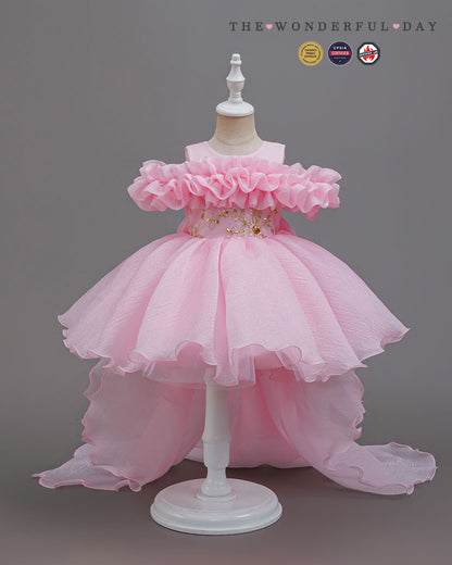 Organza Ruffle Pageant Dress with Back Bow and Flowing Train