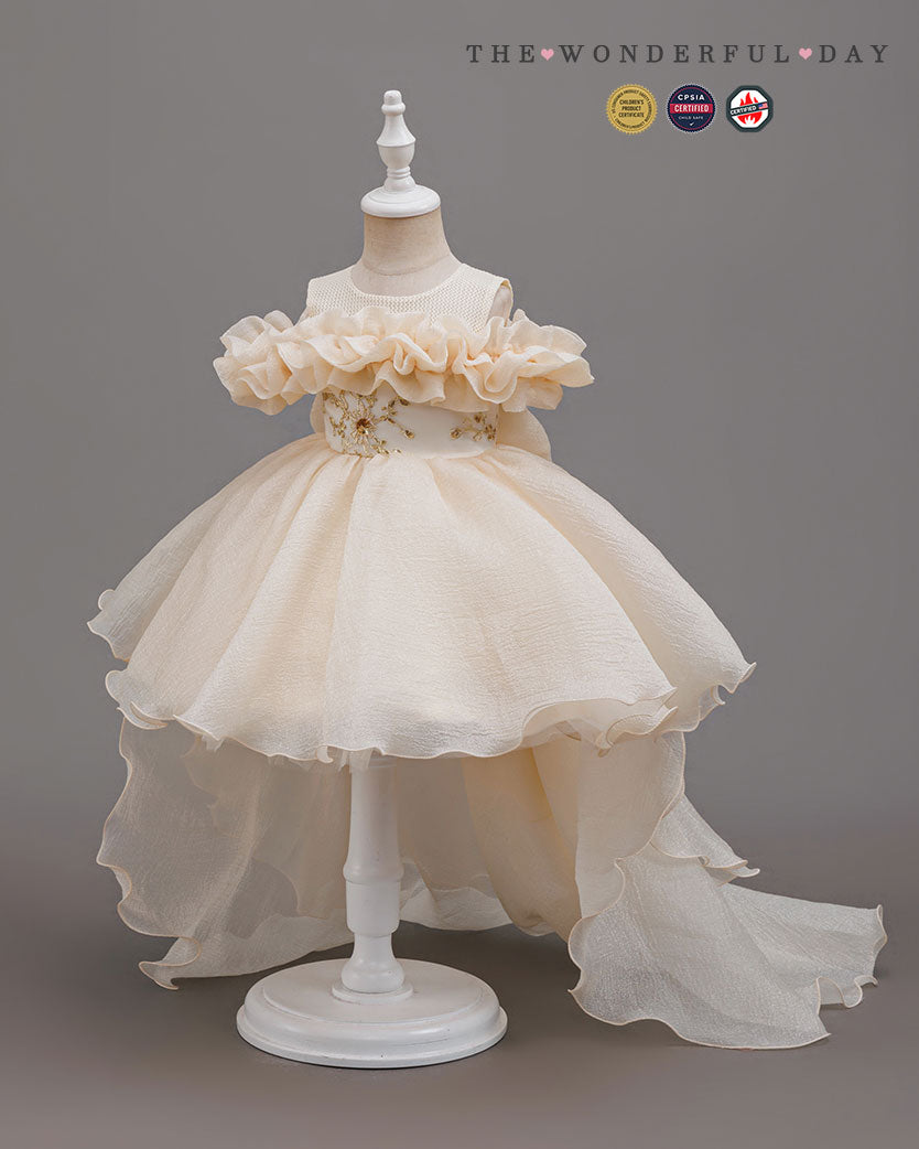 Organza Ruffle Pageant Dress with Back Bow and Flowing Train