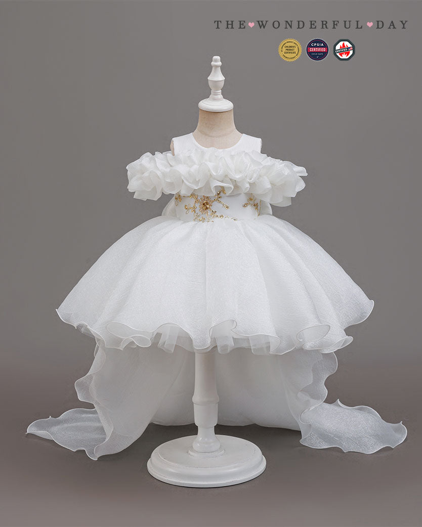 Organza Ruffle Pageant Dress with Back Bow and Flowing Train