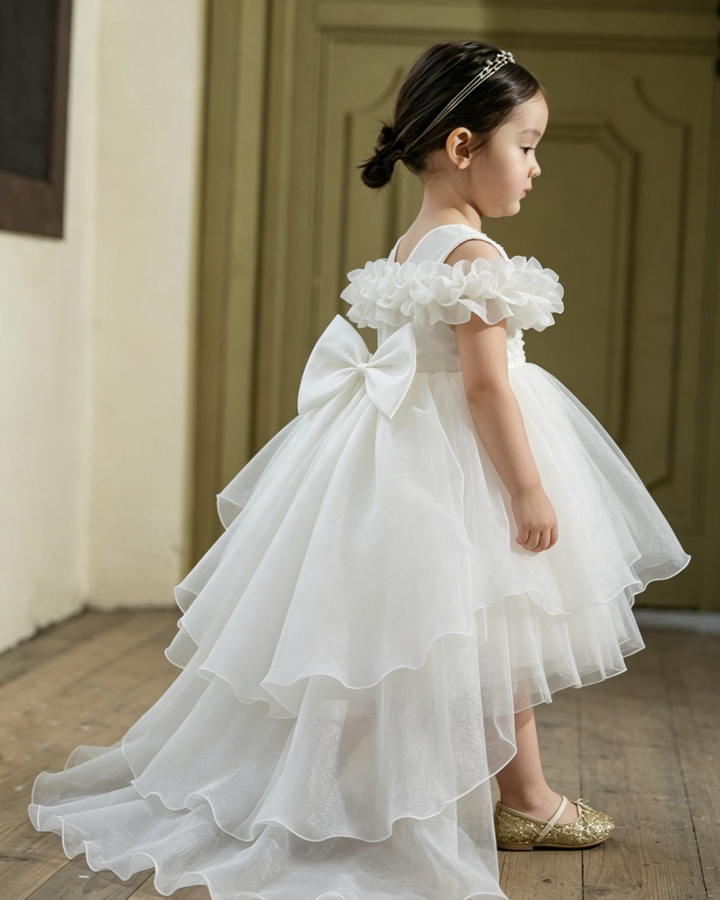 Organza Ruffle Pageant Dress with Back Bow and Flowing Train