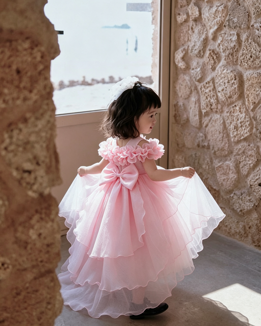 Organza Ruffle Pageant Dress with Back Bow and Flowing Train