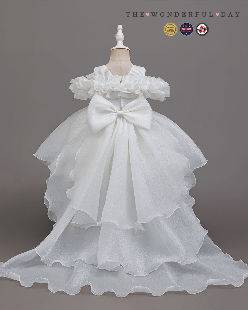 Organza Ruffle Pageant Dress with Back Bow and Flowing Train