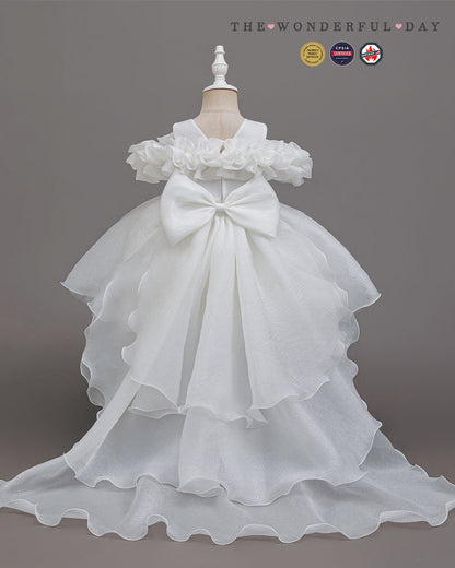 Organza Ruffle Pageant Dress with Back Bow and Flowing Train