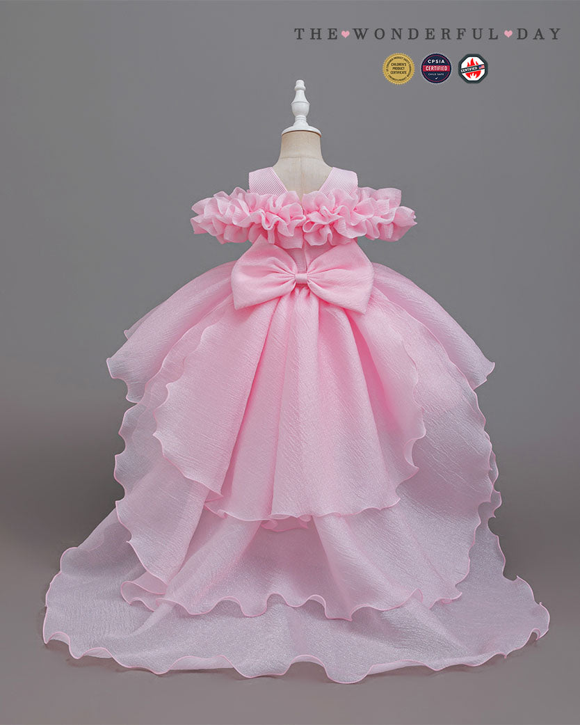 Organza Ruffle Pageant Dress with Back Bow and Flowing Train