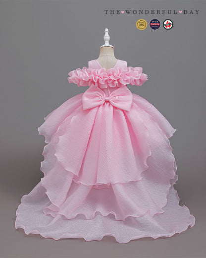 Organza Ruffle Pageant Dress with Back Bow and Flowing Train