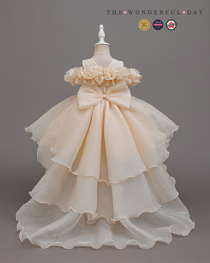 Organza Ruffle Pageant Dress with Back Bow and Flowing Train